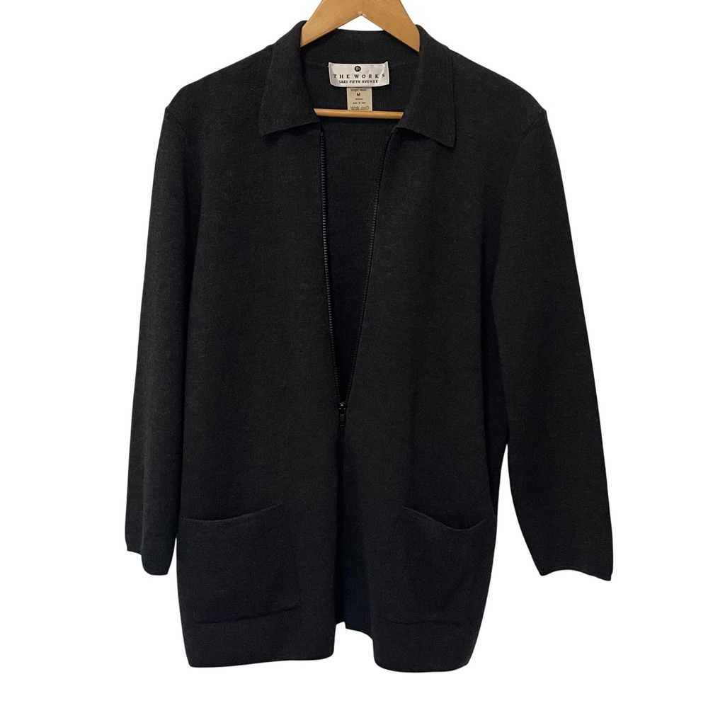 The‎ Works Saks Fifth Avenue 100% Virgin Wool Gray Zip Mens Front Cardigan M
